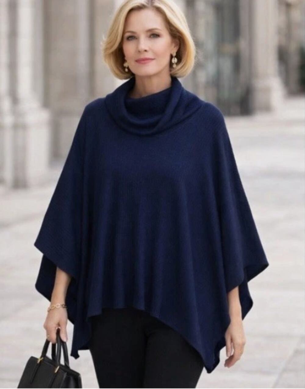 EILEEN FISHER Navy Blue Ribbed Knit Cowl Neck Merino Wool Poncho Sweater OS